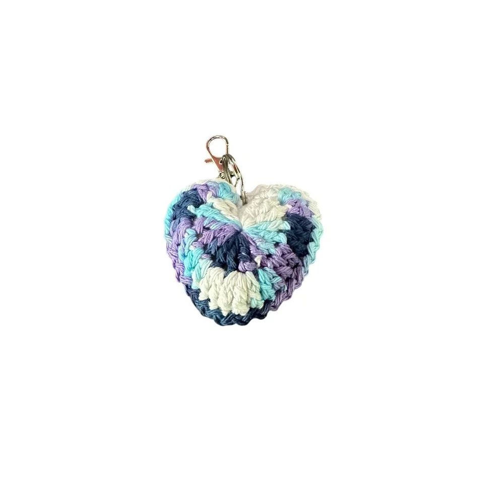NEW handmade crocheted‎ heart keychain plush blue purple white